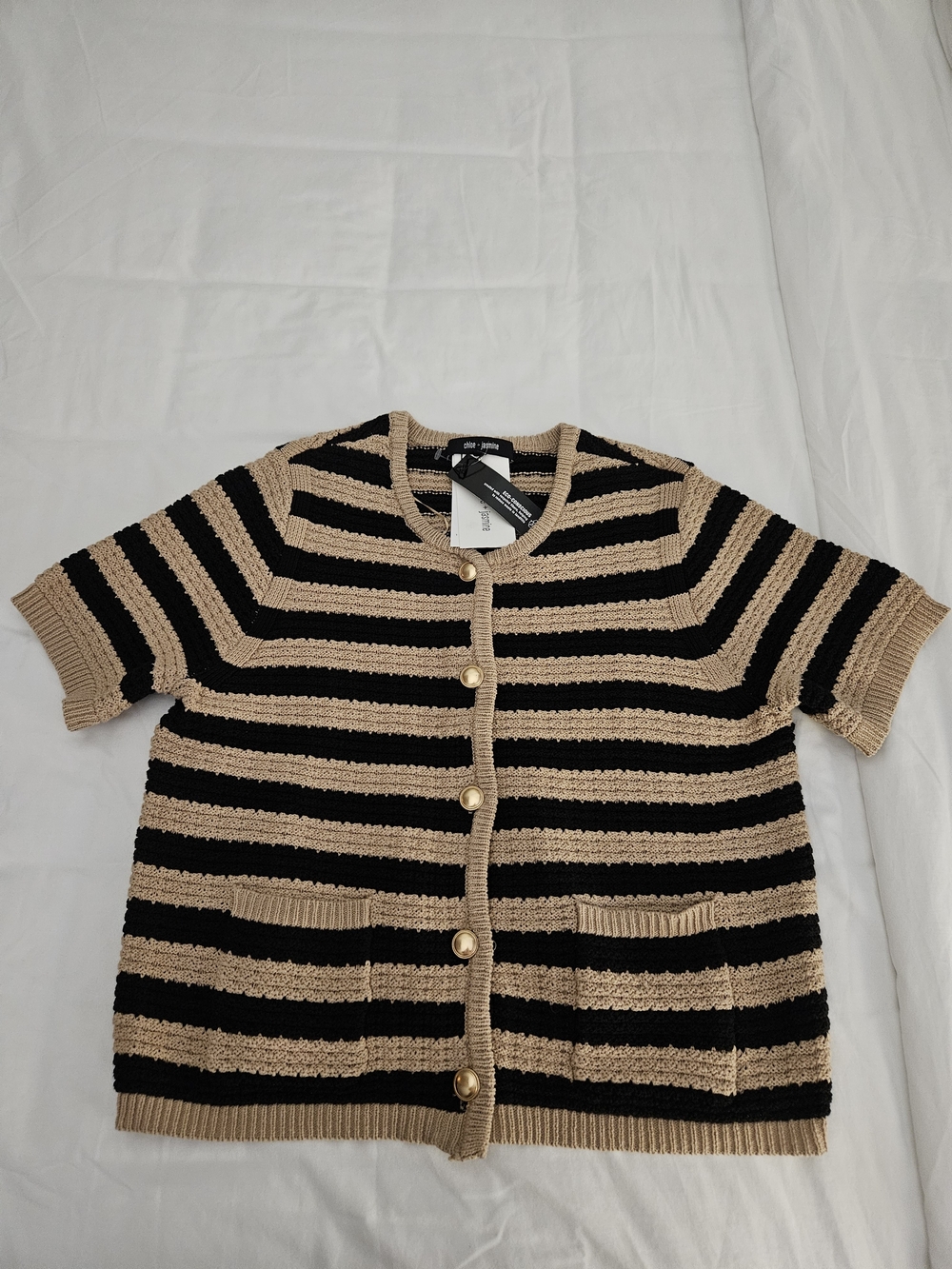 chloe+jasmine Button Up Short-Sleeve Cardigan Sweater  Black/Tan, Coastal/Boho